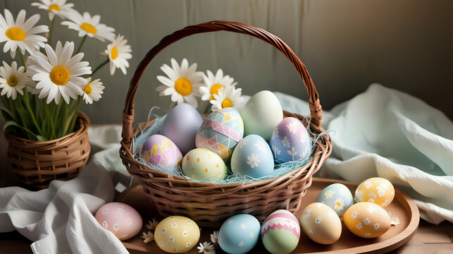 A tranquil Easter still-life composition featuring a wicker basket filled with delicately decorated pastel eggs on a wooden surface, accompanied by a potted bunch of fresh white daisies