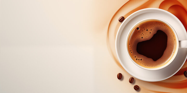 Cup of coffee on patterned background, copy space, top view	