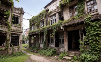 Abandoned town, vines everywhere. Destroyed buildings lots of bushes