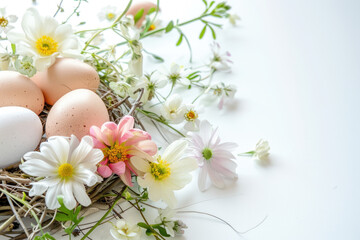 Happy Easter background with eggs in nest, spring flowers and copy space. Greeting card - 752576305