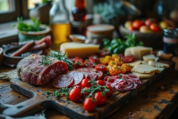 Assortment of Cold cuts. meat platter. Assortment of cheese, ham, meat, bacon, tomatoes,  salami and olives on wooden table . Cold Cut with Copy Space. Food Concept with copy space