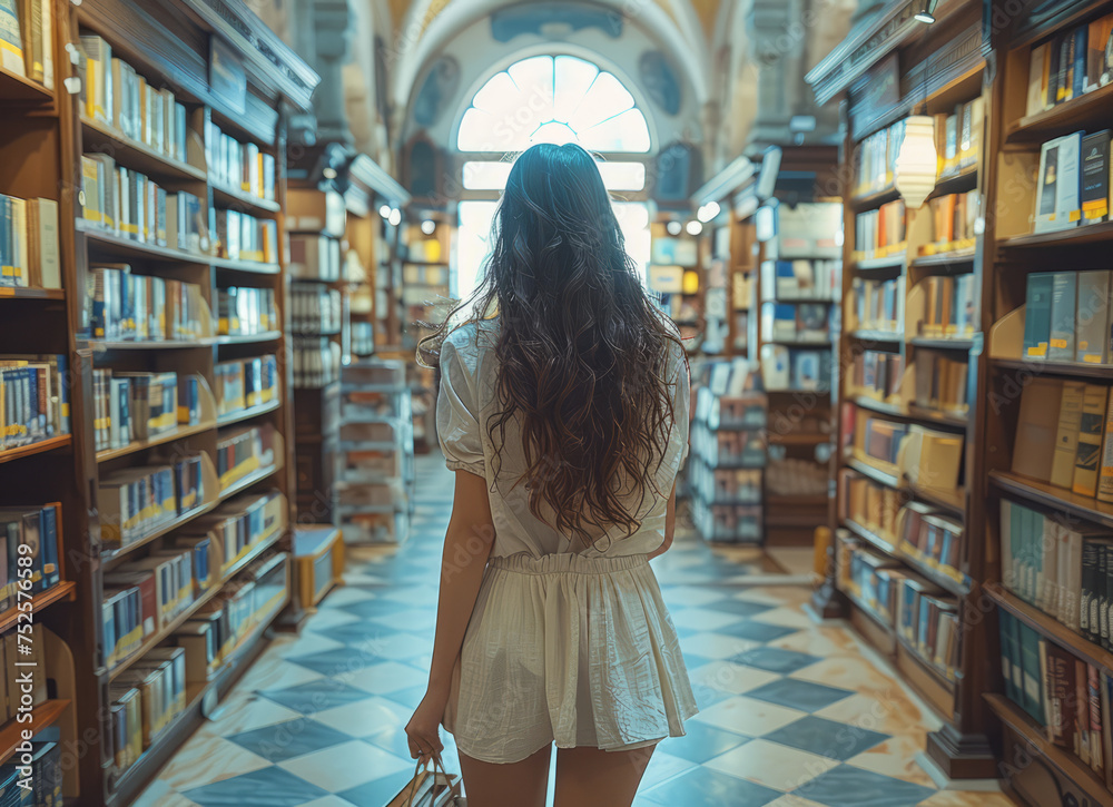 Sticker Young woman walking through the library