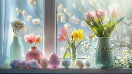 Easter scene in a kitchen with decorations, eggs, flowers in vases, light pastel holiday background - 752576540
