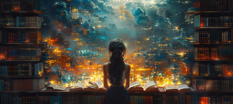 Woman reading book in the dark library digital art style illustration painting