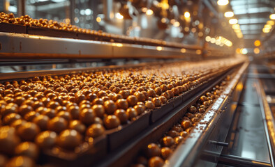 Fresh and raw potatoes on conveyor belt just out of the oven - obrazy, fototapety, plakaty