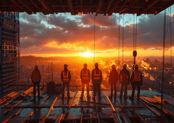 Construction workers stand on building site at sunset