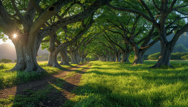 Tunnel of trees leads through beautiful landscape of green fields and path