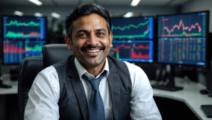 Bellissimo uomo di 40 anni di origini indiane in un ufficio finanziario con vestito elegante	davanti ai monitor con l'andamento del mercato azionario
