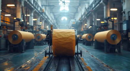 Yellow rolls of paper are moving along the conveyor belt in the factory