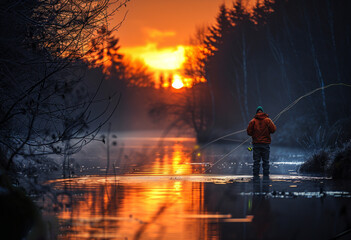 Fisherman stands in the water with fishing rod and catches fish at sunset.