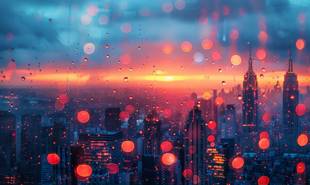 Fototapeta New York City skyline at sunset as seen from apartment window