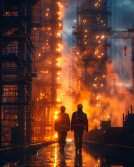 Two workers are walking through the heavy industry at night