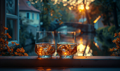 Two glasses of whiskey on the old window sill - obrazy, fototapety, plakaty