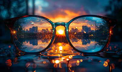 Glasses and city in the sunset