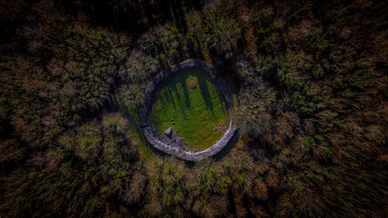 Aerial view of a ring fort hidden among trees - obrazy, fototapety, plakaty