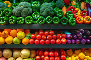 Assorted collection of colorful vegetables and fruits neatly organized on market shelves