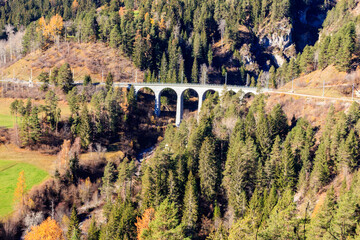 View of Landwasser Viaduct, Rhaetian railway, Graubunden in Switzerland