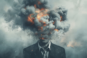 Mental health concept depicting a man wearing a suit with his head exploding into smoke and rubble. Stress and depression themes