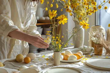 Happy Easter! Woman preparing table with Easter spring flowers for holiday. Light background.