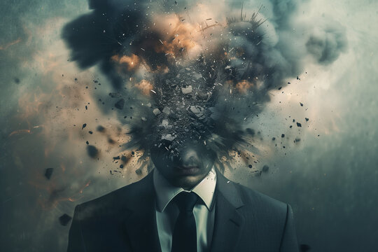 Mental health concept depicting a man wearing a suit with his head exploding into smoke and rubble. Stress and depression themes