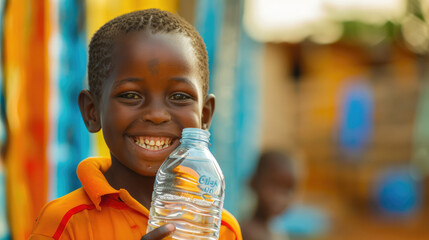 Fototapeta na wymiar water problem in Africa, Happy African boy with plastic water bottle