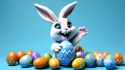 Fototapeta na wymiar An animated, delighted white and blue bunny holding a decorated Easter egg, surrounded by a colorful array of eggs against a bright blue background
