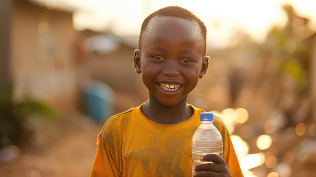 water problem in Africa, Happy African boy with plastic water bottle