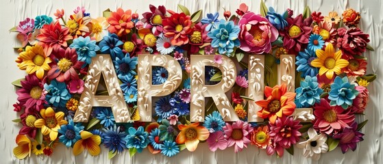 colorful flowers surround the word APRIL Generative AI - obrazy, fototapety, plakaty