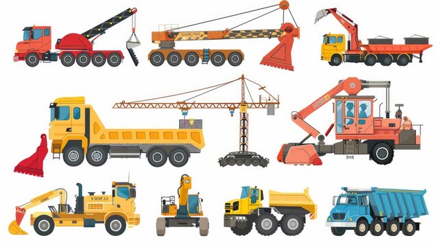 Construction cranes in a flat style, including trucks, crawler tractors, and crane-equipped cars, are showcased against a white background