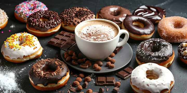 Chocolate donuts, different types of donuts, coffee, delicious breakfast, fast food, American sweets, background, wallpaper.