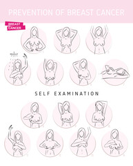Self examination. Breast cancer, medical infographic. Vector women`s health. Set of breast cancer awareness. Healthcare poster, banner template. Diagnostics. Medicine, anatomy illustration.