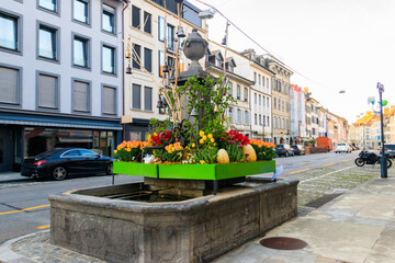 Water fountain decorated for Easter in Morges, Switzerland