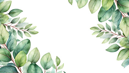 watercolor eucalyptus on transparent backgorund. Eucalyptus leaves border, png decoration for wedding, greeting, and other - obrazy, fototapety, plakaty