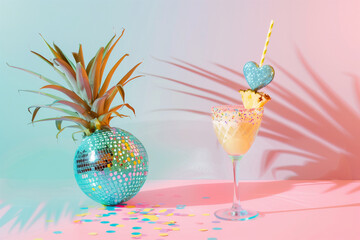 colorful coctail glass with sparkling disco ball, sequins and tropical palm tree leaf shaodw (7)