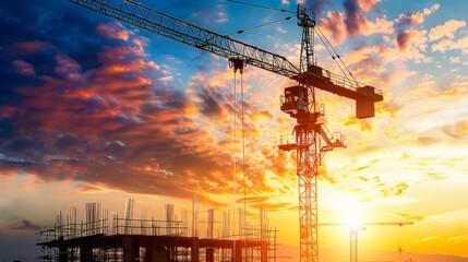 An articulated boom lift is depicted alongside a construction crane against the backdrop of a sunset sky. This mobile construction crane is available for rent and sale - obrazy, fototapety, plakaty