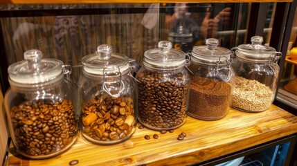 Assorted coffee beans from around the world displayed in clear glass jars on a wooden shelf, showcasing different textures and sizes.