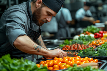 A focused chef skillfully chopping fresh vegetables in a bustling restaurant kitchen. Concept of culinary expertise and gastronomy. Generative Ai.