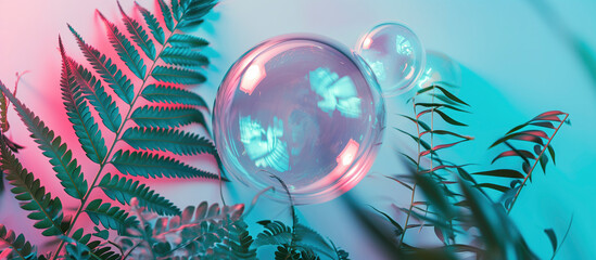 abstract bubbles with ferns and plants on a pink and blue background