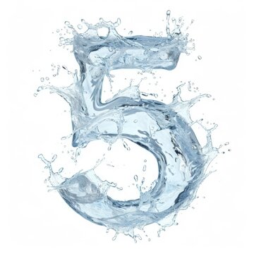 Number 5 made from water splashes. Spectacular number five and a splash of clear water. Digital close-up on white background in water spray. Number five design for greeting card, flyer, t-shirt.