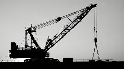 Silhouette of a mobile crane depicted in black and white background
