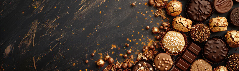 Assorted sweets, chocolates and cookies on a black marble background - 752579586
