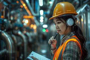 portrait of woman in safety wear working inside factory/power plant