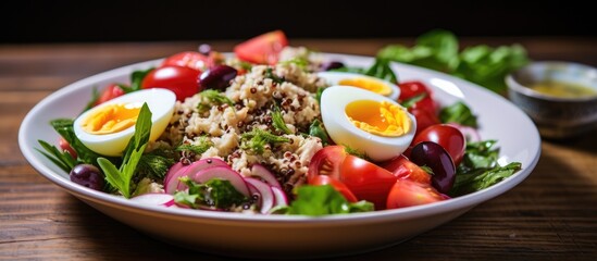 A health-conscious Nicoise salad with a variety of nutritious ingredients such as quinoa, eggs, tuna, and vegetables, topped with hard boiled eggs.