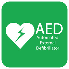 AED,automated external defibrillator / aed sign with heart and electricity symbol flat vector icon	