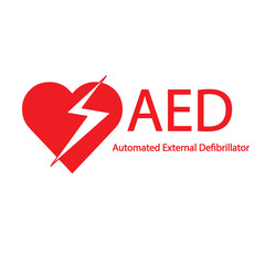 AED,automated external defibrillator / aed sign with heart and electricity symbol flat vector icon	