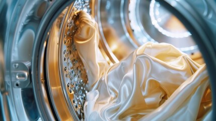 A detailed view of a running dry cleaning machine with garments inside, highlighting the cleanliness and efficiency of the laundering process.