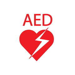 AED,automated external defibrillator / aed sign with heart and electricity symbol flat vector icon	