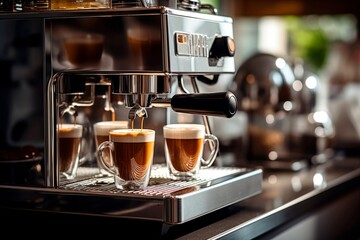 Close-up of a coffee machine preparing a fresh cup of cappuccino in a coffee shop. Design for cafeteria, coffee shops - obrazy, fototapety, plakaty