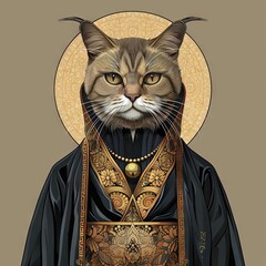 Holy icon of a cat dressed in a religious uniform,with a halo behind his head. 
