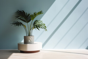 Plant in flowerpot on wooden table by window, adding shades